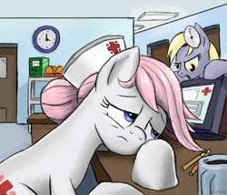 Size: 1100x943 | Tagged: safe, artist:gsphere, character:derpy hooves, character:nurse redheart, species:earth pony, species:pegasus, species:pony, duo, duo female, female, head mirror, hospital, mare, sleepy, tired, working