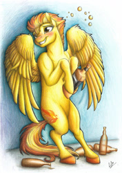 Size: 1024x1444 | Tagged: safe, artist:lupiarts, character:spitfire, species:pegasus, species:pony, alcohol, bipedal, blushing, cutefire, drink, drunk, female, grin, leaning back, mare, smiling, solo, traditional art, unshorn fetlocks