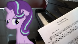 Size: 1920x1080 | Tagged: safe, artist:bokunzhao, artist:tardifice, character:starlight glimmer, species:pony, episode:the cutie map, g4, my little pony: friendship is magic, in our town, irl, old shame, photo, piano, ponies in real life, raised eyebrow, sheet music, solo, unamused, vector
