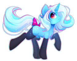 Size: 1228x973 | Tagged: safe, artist:koveliana, character:trixie, species:pony, species:unicorn, bow, chest fluff, chromatic aberration, clothing, cute, ear fluff, female, horn, mare, missing accessory, pose, raised hoof, side view, simple background, smiling, socks, solo, sparkles, standing, stockings, tail bow, thigh highs, transparent background