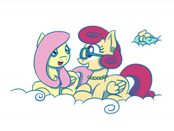 Size: 1280x960 | Tagged: safe, artist:flutterluv, character:fluttershy, character:posey shy, character:zephyr breeze, species:pegasus, species:pony, cloud, looking at each other, mother's day, prone, simple background, smiling, talking, trio, white background