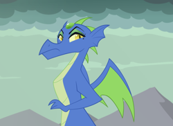 Size: 800x583 | Tagged: safe, artist:queencold, oc, oc only, oc:frazzle, species:dragon, dragon oc, dragoness, female, frown, makeup, mountain, non-pony oc, solo, teenaged dragon