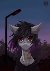 Size: 916x1300 | Tagged: safe, artist:margony, oc, oc only, species:pony, bandage, bandaid, blood, bruised, bust, clothing, colored pupils, commission, ear fluff, female, hoodie, lamppost, looking at you, mare, solo, tree