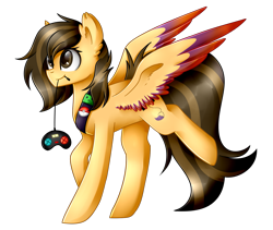 Size: 1705x1440 | Tagged: safe, artist:despotshy, oc, oc only, oc:gaming pixel, species:pegasus, species:pony, colored wings, colored wingtips, controller, female, joystick, mare, mouth hold, simple background, solo, transparent background