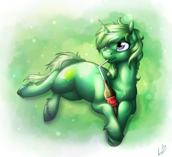 Size: 3589x3278 | Tagged: safe, artist:lupiarts, oc, oc only, oc:lime dream, species:pony, species:unicorn, coca-cola, commission, drinking, soda, solo