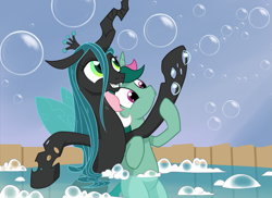Size: 2185x1592 | Tagged: safe, artist:gsphere, character:fizzy, character:queen chrysalis, species:changeling, species:pony, species:unicorn, g1, g4, bath, blowing, blowing bubbles, bubble, changeling queen, cute, cutealis, duo, duo female, female, g1 to g4, generation leap, mare, smiling, soap bubble, trypophobia, wet mane