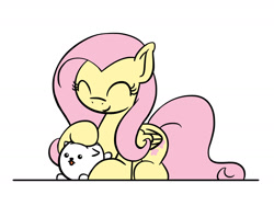 Size: 1280x960 | Tagged: safe, artist:flutterluv, character:fluttershy, species:pegasus, species:pony, eyes closed, pomeranian, prone, simple background, smiling, white background