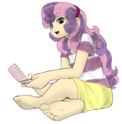 Size: 808x826 | Tagged: safe, artist:alloyrabbit, edit, character:sweetie belle, species:human, 3ds, barefoot, clothing, crossed legs, feet, female, humanized, looking down, nintendo, open mouth, shirt, simple background, sitting, skirt, soles, solo, toes, white background