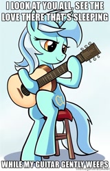 Size: 500x781 | Tagged: safe, artist:gsphere, edit, character:lyra heartstrings, species:pony, species:unicorn, blue background, female, george harrison, guitar, image macro, lidded eyes, meme, obligatory pony, simple background, sitting, smiling, solo, song reference, stool, the beatles, while my guitar gently weeps