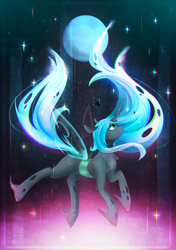 Size: 1900x2700 | Tagged: safe, artist:koveliana, character:queen chrysalis, species:changeling, changeling queen, female, full moon, looking up, moon, night, solo, stars