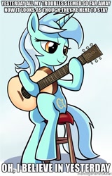 Size: 500x781 | Tagged: safe, artist:gsphere, edit, character:lyra heartstrings, species:pony, blue background, female, image macro, meme, obligatory pony, simple background, solo, song reference, the beatles, yesterday