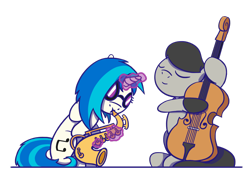 Size: 1280x960 | Tagged: safe, artist:flutterluv, character:dj pon-3, character:octavia melody, character:vinyl scratch, species:earth pony, species:pony, species:unicorn, bow tie, cello, duo, glowing horn, magic, musical instrument, saxophone, simple background, smiling, transparent background