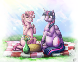 Size: 4000x3200 | Tagged: safe, artist:lupiarts, character:pinkie pie, character:twilight sparkle, character:twilight sparkle (alicorn), species:alicorn, species:earth pony, species:pony, absurd resolution, belly, chubby, chubby cheeks, commission, cupcake, cute, diapinkes, duo, eating, eyes closed, fat, female, food, mare, picnic, plump, princess twilard, pudgy, twilard sparkle