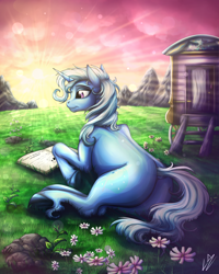 Size: 3200x4000 | Tagged: safe, artist:lupiarts, character:trixie, species:pony, species:unicorn, absurd resolution, book, caravan, crepuscular rays, female, mare, morning ponies, plot, prone, reading, scenery, signature, solo, sunrise, the great and powerful ass, trixie's wagon, underhoof, unshorn fetlocks, wagon