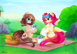 Size: 3000x2117 | Tagged: safe, artist:koveliana, oc, oc only, oc:heartbreak, oc:lightning dashes, species:earth pony, species:pegasus, species:pony, basket, commission, cup, cute, duo, female, food, grass, mare, muffin, ocbetes, picnic, picnic basket, smiling, teacup, visor