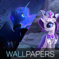 Size: 450x450 | Tagged: safe, artist:ajvl, artist:darkflame75, edit, character:princess luna, character:rarity, species:alicorn, species:pony, cropped, crown, female, forest, grass, happy, jewelry, looking up, mare, moon, night, princess platinum, regalia, river, scenery, smiling, snow, snowfall, spread wings, tree, water, wings