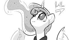 Size: 1280x720 | Tagged: dead source, safe, artist:darkflame75, character:princess luna, species:alicorn, species:pony, lunadoodle, bust, female, gray background, grayscale, looking up, mare, monochrome, no pupils, portrait, simple background, solo, white background