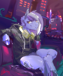 Size: 2783x3359 | Tagged: safe, artist:alumx, oc, oc only, oc:berry frost, species:pony, clothing, gift art, headphones, hoodie, male, sitting, smiling, solo, stallion, sweater