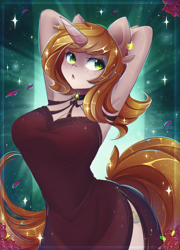 Size: 1800x2500 | Tagged: safe, alternate version, artist:koveliana, oc, oc only, oc:debra rose, species:anthro, species:pony, species:unicorn, anthro oc, arm behind head, armpits, breasts, clothing, commission, dress, ear piercing, earring, female, freckles, jewelry, mare, piercing, solo, ych result