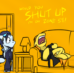 Size: 800x789 | Tagged: safe, artist:captainhoers, character:soarin', character:spitfire, species:pegasus, species:pony, bathrobe, clothing, controller, couch, dialogue, eyes closed, female, firestarter spitfire, goggles, joystick, male, mare, orange background, robe, simple background, stallion, yelling