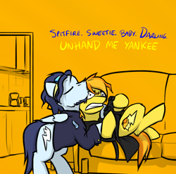 Size: 800x789 | Tagged: safe, artist:captainhoers, character:soarin', character:spitfire, species:pegasus, species:pony, ship:soarinfire, bathrobe, clothing, controller, couch, cute, dialogue, eyes closed, female, firestarter spitfire, goggles, hug, joystick, male, mare, robe, shipping, stallion, straight