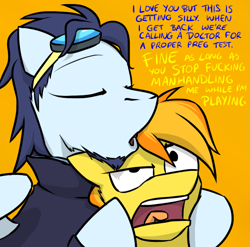 Size: 800x789 | Tagged: safe, artist:captainhoers, character:soarin', character:spitfire, species:pegasus, species:pony, ship:soarinfire, cute, dialogue, duo, eyes closed, female, firestarter spitfire, hug, implied pregnancy, male, mare, orange background, shipping, simple background, stallion, straight, vulgar