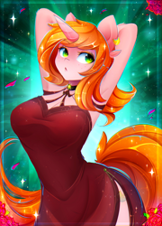 Size: 1800x2500 | Tagged: safe, alternate version, artist:koveliana, oc, oc only, oc:debra rose, species:anthro, species:pony, species:unicorn, anthro oc, arm behind head, armpits, breasts, clothing, commission, dress, ear piercing, earring, female, freckles, jewelry, piercing, solo, ych result