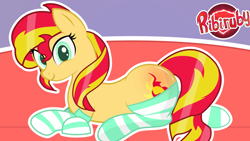 Size: 1280x720 | Tagged: safe, artist:ribiruby, character:sunset shimmer, species:pony, species:unicorn, abstract background, clothing, female, mare, missing horn, socks, solo, striped socks