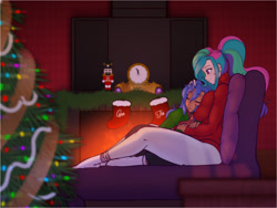 Size: 1365x1024 | Tagged: safe, artist:scorpdk, character:princess celestia, character:princess luna, species:human, big breasts, breast pillow, breasts, busty princess celestia, christmas, christmas stocking, christmas tree, clothing, eyes closed, female, fireplace, holiday, hug, huge breasts, humanized, lidded eyes, pants, royal sisters, sitting, sleeping, smiling, socks, sweater, tights, tree, turtleneck