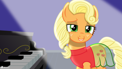 Size: 8890x5001 | Tagged: safe, artist:illumnious, character:applejack, species:earth pony, species:pony, episode:the mane attraction, g4, my little pony: friendship is magic, absurd resolution, alternate hairstyle, alternate universe, clothing, female, freckles, mare, piano, role reversal, smiling, solo, spotlight, stage