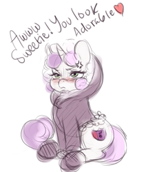 Size: 495x584 | Tagged: safe, artist:mrscurlystyles, character:sweetie belle, species:pony, clothing, cross-popping veins, cutie mark, female, filly, hoodie, simple background, sketch, solo, the cmc's cutie marks, tsundere, white background, wip