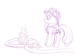 Size: 800x587 | Tagged: safe, artist:dstears, character:applejack, species:earth pony, species:pony, clothing, female, fire, fire hose, firefighter applejack, firefighter helmet, helmet, lasso, mare, monochrome, silly, silly pony, simple background, smiling, solo, vest, white background, who's a silly pony