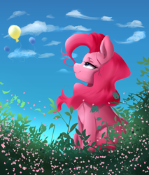 Size: 3334x3907 | Tagged: safe, artist:mrscurlystyles, character:pinkie pie, species:earth pony, species:pony, balloon, cloud, female, grass, leaves, looking up, mare, sitting, sky, smiling, solo