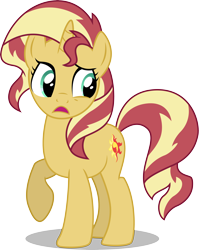 Size: 3718x4681 | Tagged: safe, artist:illumnious, character:sunset shimmer, species:pony, species:unicorn, equestria girls:mirror magic, g4, my little pony: equestria girls, spoiler:eqg specials, absurd resolution, confused, female, mare, old version, open mouth, raised hoof, simple background, solo, transparent background, vector