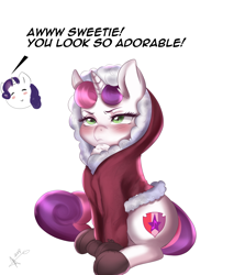 Size: 2666x3125 | Tagged: safe, artist:mrscurlystyles, character:rarity, character:sweetie belle, species:pony, species:unicorn, blushing, clothing, cutie mark, dialogue, female, filly, grumpy belle, hoodie, mare, simple background, sitting, solo focus, sweetie belle is not amused, the cmc's cutie marks, unamused, white background