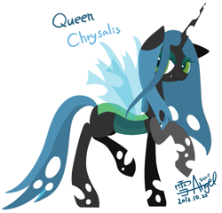 Size: 801x768 | Tagged: safe, artist:snow angel, character:queen chrysalis, cute, cutealis, cutout, female, lidded eyes, pixiv, raised leg, signed, simple background, solo