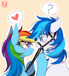 Size: 900x997 | Tagged: safe, artist:margony, character:rainbow dash, oc, oc:rainy, species:pony, blushing, bridle, canon x oc, commission, female, heart, looking at each other, male, multicolored hair, reins, simple background, smiling, stallion, straight, tack