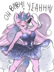 Size: 2344x3125 | Tagged: safe, artist:mrscurlystyles, oc, oc only, oc:artshine, species:alicorn, species:anthro, species:pony, alicorn oc, anthro oc, breasts, cleavage, clothing, colored sketch, dress, female, mare, simple background, singing, solo, white background