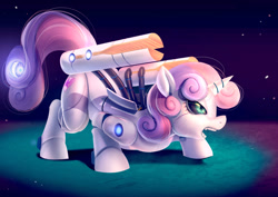 Size: 1400x990 | Tagged: safe, artist:bakki, character:sweetie belle, species:pony, species:unicorn, sweetie bot, commission, cutie mark, energy weapon, female, filly, foal, gun, hooves, horn, open mouth, robot, robot pony, solo, teeth, the cmc's cutie marks, weapon