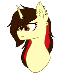 Size: 1214x1440 | Tagged: safe, artist:despotshy, oc, oc only, oc:mh, species:pony, species:unicorn, bust, ear piercing, female, mare, piercing, ponified, portrait, simple background, solo, transparent background