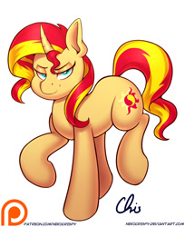 Size: 825x1010 | Tagged: safe, artist:nekocrispy, character:sunset shimmer, species:pony, species:unicorn, commission, evil grin, female, grin, lidded eyes, looking at you, mare, raised hoof, raised leg, simple background, smiling, solo