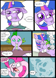 Size: 696x965 | Tagged: safe, artist:metal-kitty, character:pinkie pie, character:spike, character:twilight sparkle, species:dragon, species:pony, comic:mlp project, bandage, bed, blanket, comic, crying, first person view, grimdark series, hospital, offscreen character, pain, pov, simple background, tears of joy, teary eyes, waking up, window