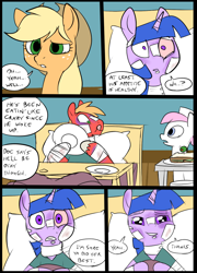 Size: 696x965 | Tagged: safe, artist:metal-kitty, character:applejack, character:big mcintosh, character:nurse redheart, character:twilight sparkle, species:pony, comic:mlp project, ship:twimac, bandage, bed, blanket, clothing, comic, eating, female, food, grimdark series, happy, hat, hospital, male, pain, pillow, plate, sandwich, shipping, simple background, straight, window