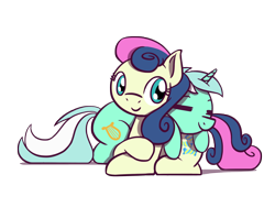 Size: 1800x1350 | Tagged: safe, artist:flutterluv, character:bon bon, character:lyra heartstrings, character:sweetie drops, species:earth pony, species:pony, species:unicorn, ship:lyrabon, adorabon, crossed hooves, cuddling, cute, eyes closed, female, lesbian, lyrabetes, mare, prone, shipping, simple background, smiling, transparent background