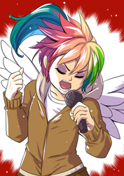 Size: 700x990 | Tagged: safe, artist:bakki, oc, oc only, oc:rainbow feather, parent:gilda, parent:rainbow dash, parents:gildash, species:human, clothing, commission, eyes closed, eyeshadow, female, hoodie, humanized, interspecies offspring, karaoke, magical lesbian spawn, makeup, microphone, offspring, singing, solo, winged humanization, wings