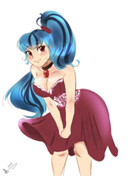Size: 2344x3125 | Tagged: safe, artist:mrscurlystyles, character:sonata dusk, equestria girls:rainbow rocks, g4, my little pony: equestria girls, my little pony:equestria girls, adorasexy, arm boob squeeze, bare shoulders, beautiful, breasts, busty sonata dusk, cleavage, clothing, collar, cute, dress, female, human coloration, looking at you, sexy, simple background, sleeveless, smiling, solo, strapless, stupid sexy sonata dusk, white background