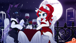 Size: 1200x675 | Tagged: safe, artist:arctic-fox, oc, oc only, oc:phobos, species:alicorn, species:changeling, species:pony, alicorn oc, beautiful, building, changeling oc, city, clothing, date, dress, fangs, female, full moon, glass, handsome, looking at each other, male, mare, moon, night, oc x oc, patreon, patreon logo, purple changeling, red dress, shipping, sitting, smiling, straight, table, wine glass