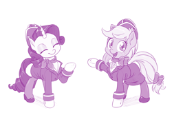Size: 1000x680 | Tagged: safe, artist:dstears, character:applejack, character:rarity, species:earth pony, species:pony, species:unicorn, clothing, duo, eyes closed, female, flight attendant, hat, looking at you, mare, pantyhose, simple background, smiling, white background