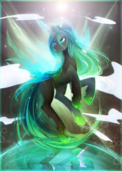 Size: 2757x3840 | Tagged: safe, artist:koveliana, character:queen chrysalis, species:changeling, changeling queen, chromatic aberration, color porn, fangs, female, glowing horn, solo, spread wings, wings