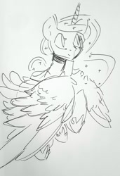 Size: 1280x1868 | Tagged: safe, artist:darkflame75, character:princess luna, species:alicorn, species:pony, lunadoodle, female, flying, ink drawing, monochrome, simple background, solo, traditional art, white background